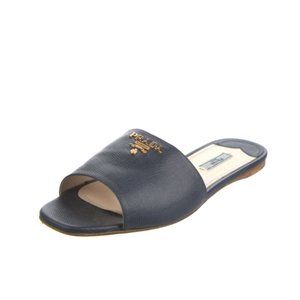 Prada Saffiano Leather Logo Slides in Navy 41 11